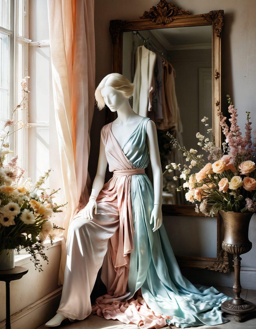 A stylish mannequin draped in flowing, pastel summer garments, surrounded by wilted flowers to symbolize melancholy. Soft sunlight filtering through, casting a warm glow. A vintage mirror reflecting the outfit and floral elements, embodying a serene yet somber mood. An open journal with heartfelt notes on fashion and emotions nearby. dreamy atmosphere. soft colors. 3D.